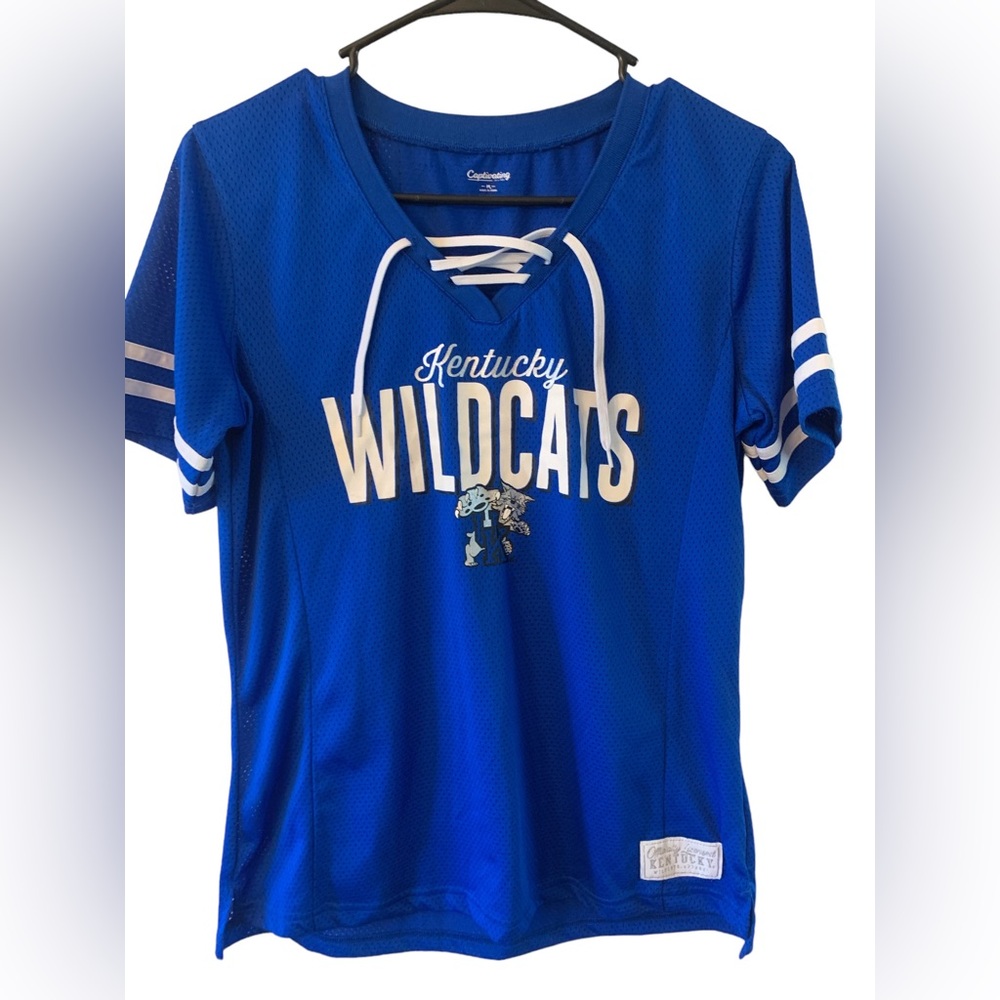 University‎ Kentucky Wildcats Shirt Womens Medium Blue Jersey Tie Up Top